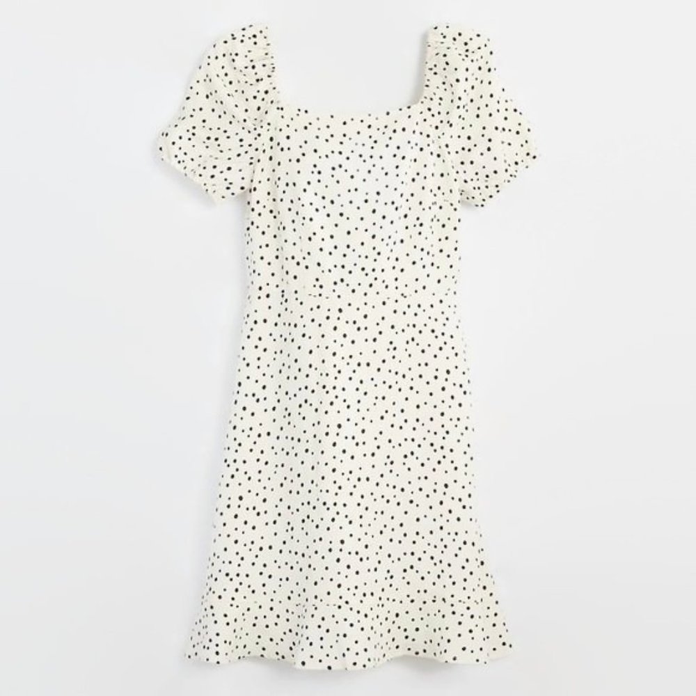 LOFT White and Black Polka Dot Bow Back Linen A Line Dress